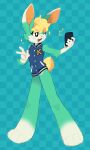  3:5 animal_crossing anthro black_eyes blonde_hair blue_background blush bottomless cellphone checkered_background clothed clothing dipstick_ears eyebrow_through_hair eyebrows eyelashes featureless_crotch fur gesture girly gloves_(marking) green_body green_fur hair hi_res jacket lagomorph leg_markings leporid looking_at_object male mammal markings multicolored_ears nintendo one_eye_closed open_mouth open_smile pattern_background phone pink_nose rabbit sasha_(animal_crossing) scut_tail selfie short_tail silver-kinesis simple_background smile socks_(marking) solo sparkles sparkling_eyes topwear translucent translucent_hair v_sign video_games wink 