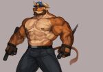  2021 absurd_res anthro barazoku baton beard belt big_muscles bottomwear bovid bovine brown_body brown_fur brown_hair brown_horn brown_nipples brown_nose cattle clothed clothing club_(weapon) facial_hair fingerless_gloves fur gloves hair handwear hi_res horn huge_muscles humanoid_hands male mammal melee_weapon muscular muscular_anthro muscular_male nightstick nipples pants police police_cap simple_background solo standing topless traver009 veiny_muscles weapon yellow_eyes 