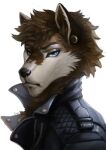  absurd_res anthro blue_eyes brown_hair canid canine canis clothing ear_piercing ear_ring hair hi_res leather leather_clothing male mammal piercing rithan sgr_shtilskhen solo wolf 