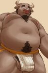  2021 absurd_res anthro balls belly bovid bovine brown_body bulge cattle cemagcre clothing genitals hi_res horn jockstrap male mammal moobs navel nipples overweight overweight_male simple_background solo underwear 