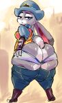  &lt;3 2021 anthro big_butt breasts butt clothed clothing disney female fingers fur grey_body grey_fur half-closed_eyes hand_on_butt hat headgear headwear huge_butt judy_hopps kiseff lagomorph leporid long_ears looking_at_viewer looking_back mammal multicolored_body multicolored_fur narrowed_eyes panties pants_down partially_clothed purple_eyes rabbit solo standing thick_thighs tight_clothing underwear white_body white_fur zootopia 