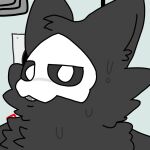  1:1 ambiguous_gender anthro black_body black_fur black_sclera canid canine canis changed_(video_game) cheek_tuft chest_tuft dripping facial_tuft fur goo_creature head_tuft inner_ear_fluff jaybee looking_at_viewer mammal mask open_mouth puro_(changed) solo teeth tuft wall_(structure) white_eyes wolf 