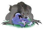  anal anthro big_dom_small_sub blue_body blue_eyes blue_fur bodily_fluids bubbles_(character) canid canine dominant duo fur gangles_(artist) genitals grey_body grey_fur male male/male mammal penis sex size_difference tongue tongue_out were werecanid werecanine werewolf 