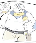  another_eidos_of_dragon_vein_r anthro belly belt blush bottomwear clothing eyebrows hi_res male navel overweight overweight_male patty_(anothereidos_r) raio_owo scarf shirtless shorts solo thick_eyebrows yeti 