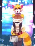  absurd_res ailurid anthro big_breasts breasts cleavage clothed clothing digital_media_(artwork) dress female hi_res looking_at_viewer mammal raining red_panda shaded solo standing thick_thighs tsampikos wet wet_clothing wide_hips 