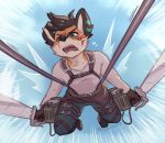  2021 anthro attack_on_titan blood blue_eyes bodily_fluids canid canine clothing fox lan_(zeta-haru) male mammal melee_weapon open_mouth signature solo sword tears weapon zeta-haru 