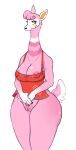  2021 4_fingers alpaca animal_crossing anthro apron big_breasts blush breasts camelid chubby_female clothed clothing digital_media_(artwork) female fingers froggiepaws fur hair hi_res mammal nintendo nipples partially_clothed pink_body pink_fur reese_(animal_crossing) short_hair slightly_chubby solo topwear video_games wide_hips yellow_eyes 