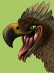  avian beak bodily_fluids brown_body facial_markings feathered_crest feathers female feral green_eyes gryphon head_crest head_markings hi_res markings mask_(marking) mouth_shot mythological_avian mythology open_mouth pteranosaur_(artist) saliva serilde tongue tongue_out 