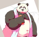  2021 anthro belly black_body black_nose eyes_closed giant_panda hi_res kemono male mammal navel overweight overweight_male solo suishou0602 towel towel_around_neck ursid white_body 