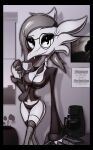  anthro beverage big_breasts big_eyes black_border border breasts claws clothed clothing coffee coffee_mug container cup digital_media_(artwork) english_text eyelashes female hair hi_res legwear looking_at_viewer necktie not_furry office scalie smile solo stockings suit text topwear warlocke 