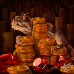  1:1 2020 absurd_res agamid ambiguous_gender bearded_dragon brown_eyes charlatan-of-doom coin crown feral gem hi_res lizard money reptile ruby_(gem) scalie solo 