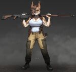  2021 absurd_res anthro big_breasts boots bottomwear breasts brown_body brown_eyes brown_fur brown_hair cleavage clothed clothing digital_media_(artwork) ear_tuft eyebrows eyelashes felid feline female footwear fur gun hair hair_over_eye handgun hi_res holster inner_ear_fluff looking_at_viewer lynx mammal muscular muscular_arms muscular_female one_eye_obstructed pants pattern_clothing pattern_shirt pattern_topwear pgm300 pistol ptrs-41 ranged_weapon rifle shaded shirt short_hair short_tail solo spots spotted_body spotted_fur standing striped_clothing striped_shirt striped_topwear stripes tan_body tan_fur tank_top topwear tuft weapon 
