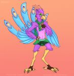  anthro avian beak biped bird bird_feet blue_body clothing feathered_crest feathered_wings feathers fishcrow galliform green_eyes gyro_feather head_crest hi_res male peafowl phasianid pink_body scarf tail_feathers winged_arms wings 