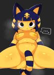  animal_crossing ankha_(animal_crossing) anthro blue_hair blush bodily_fluids breasts convenient_censorship domestic_cat ebi10000000000 felid feline felis female hair hi_res looking_at_viewer mammal markings nintendo simple_background slightly_chubby solo striped_markings striped_tail stripes sweat tail_markings thick_thighs video_games 