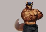  2021 absurd_res anthro barazoku beard belt big_muscles bottomwear brown_body brown_eyes brown_fur brown_hair brown_nose canid canine canis clothing crossed_arms domestic_dog facial_hair fur german_shepherd hair herding_dog hi_res huge_muscles looking_at_viewer male mammal muscular muscular_anthro muscular_male pants pastoral_dog police police_hat pose simple_background solo standing traver009 veiny_muscles 