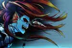  absurd_res animal_humanoid armor asagi_009c9e blue_body blue_skin ear_fins eye_patch eyewear female fin fish fish_humanoid hair hi_res humanoid marine marine_humanoid open_mouth ponytail pupils red_hair sharp_teeth shoulder_guards side_view slit_pupils solo teeth undertale_(series) undyne yellow_sclera 