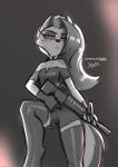  2021 absurd_res anthro assault_rifle blurred_background blush canid canid_demon clothing collar demon digital_media_(artwork) female fur grey_body grey_fur grey_hair gun hair hellhound helluva_boss hi_res holding_object holding_weapon jizoku leggings legwear loona_(helluva_boss) m16a2 mammal pupils ranged_weapon red_sclera rifle shaded slit_pupils solo spiked_collar spikes weapon white_body white_eyes white_fur 