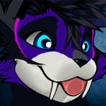  1:1 anthro black_hair black_nose blep blue_eyes bodily_fluids drooling fangs fur hadalen hair kaltag low_res male purple_body purple_fur saliva solo tongue tongue_out 