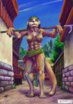  5_toes abs absurd_res accessory anthro archaeotter barefoot bodypaint breasts clothed clothing exhibitionism feet female genitals headband hi_res looking_at_viewer lutrine mammal muscular muscular_female mustelid nipples outside partially_clothed plantigrade pussy scar solo standing street toes weapon 