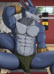  abs anthro big_penis blue_body blue_fur blush boxers_(clothing) bulge canid canine canis clothing fangs fur genital_outline genitals grey_body grey_fur gym hi_res kagradon league_of_legends male mammal muscular nipples penis penis_outline pubes riot_games scratching_head sitting solo underwear video_games warwick_(lol) were werecanid werecanine werewolf wolf yellow_eyes 