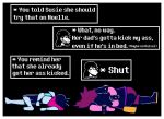  anthro border clothed clothing deltarune duo english_text family_guy_death_pose female human humor kris_(deltarune) lying male mammal r-mk scalie susie_(deltarune) text undertale_(series) video_games white_border 