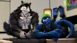  16:9 2020 3d_(artwork) 5_fingers 5_toes abs anthro barefoot baseball_cap bed bedroom black_body black_fur blue_body blue_eyes blue_skin canid canine canis chest_tuft clothing cobalt_(rtzero) digital_media_(artwork) duo feet fingers fur furniture green_clothing green_hat green_headwear grey_clothing grey_hat grey_headwear griff_(rtzero) hand_on_foot hat headgear headwear hi_res jewelry lamp legs_up lizard lizard_(petruz) looking_at_viewer lying male mammal muscular necklace on_front reptile rtzero scalie shark_tooth_necklace soles source_filmmaker toes tuft watermark white_body white_fur widescreen wolf wolf_(petruz) 