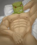  5:6 abs absurd_res animal_head bed_sheet bedding c_andreartz dorohedoro for_a_head hi_res humanoid kaiman_(dorohedoro) looking_at_viewer lying male muscular muscular_humanoid muscular_male nipples nude pecs pillow scales scalie solo spikes spikes_(anatomy) teeth 