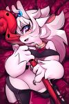  anthro bed bedding bedding_background black_clothing breasts cervid claws clothing clothing_down collar dragon female fur furniture furred_dragon fushark genitals hair hi_res jiji_fushark lying mammal on_back open_mouth pussy solo stick white_body white_fur white_hair 