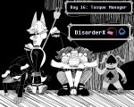  2021 5:4 all_fours ambiguous_gender anthro black_and_white bound clothing collar crouching darkner deltarune felid female genitals hi_res himitsu human humanoid kris_(deltarune) lancer_(deltarune) legs_tied mammal monochrome petplay pussy roleplay scalie sketch spot_color susie_(deltarune) tasque_manager text torn_clothing undertale_(series) video_games 