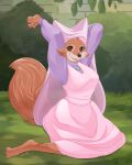  anthro canid canine clothed clothing digital_media_(artwork) disney dress female forest fox fur headgear headwear hi_res looking_at_viewer maid_marian mammal meltycream pink_clothing plant public robin_hood_(disney) simple_background sitting smile solo stretching topwear tree 