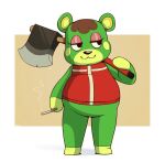  :3 animal_crossing anthro axe black_nose charlise_(animal_crossing) cigarette clothing eyelashes female half-closed_eyes hi_res holding_axe holding_object looking_aside mammal melee_weapon narrowed_eyes nintendo overweight overweight_anthro overweight_female simple_background solo standing tracksuit ursid video_games weapon yellowhellion 
