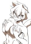  16m0 5_fingers anthro arknights bodily_fluids breasts eyewear eyewear_only felid female fingers fur glasses glasses_only hair half-length_portrait hand_on_breast hypergryph mammal monochrome navel nude pantherine portrait solo studio_montagne tears tiger video_games waaifu_(arknights) 