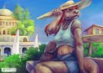  absurd_res anthro archaeotter backpack boat bottomwear clothed clothing female flower hair hat headgear headwear hi_res landscape lutrine mammal mustelid outside plant red_hair shorts sitting solo tree vehicle watercraft 