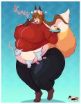  absurd_res allysia_(killy) anthro belly belly_overhang belly_rub big_belly big_breasts border breasts burping cake canid canine clothing dessert dipstick_tail disembodied_hand fangs female food fox hair hi_res huge_breasts huge_thighs mammal markings meganemausu motion_lines overweight overweight_female ponytail rumbling_stomach tail_markings thick_thighs track_jacket tracksuit white_border 