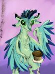  4_ears anthro avali avali_(original) blue_body blue_feathers countershading digitigrade feathered_crest feathered_wings feathers female food green_body green_eyes gyrotech head_crest hi_res liimlsan luvashi muffin multi_ear solo winged_arms wings 