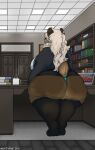  2021 anthro big_breasts big_butt biped boss breasts brown_body brown_fur butt catherine_(mexifurfoof) clothed clothing curvy_figure desk digital_media_(artwork) female fur furniture hair hi_res huge_butt mammal mexifurfoof office overweight thick_thighs uniform ursid voluptuous wide_hips 