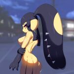  1:1 2_mouths absurd_res black_body blurred_background butt drunk_oak female hand_on_arm hi_res holding_arm mawile multi_mouth nintendo outside pok&eacute;mon pok&eacute;mon_(species) sharp_teeth side_view solo teeth video_games yellow_body yellow_butt 