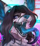  anthro blue_eyes blue_nose blue_tongue bodily_fluids canid canine drooling eyebrows eyelashes felicia_cat female hi_res long_tongue mammal mouth_shot open_mouth saliva solo teeth tongue 