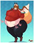  absurd_res allysia_(killy) anthro belly belly_overhang big_belly big_breasts border breasts cake canid canine clothing dessert digestion dipstick_tail evil_grin female female_pred food fox hair hand_imprint hi_res huge_breasts huge_thighs imprint mammal markings meganemausu motion_lines navel oral_vore overweight overweight_female ponytail rumbling_stomach sharp_teeth smile struggling tail_markings teeth thick_thighs tongue tongue_out track_jacket tracksuit vore white_border 