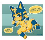  animal_crossing ankha_(animal_crossing) anthro areola arms_bent bent_legs blue_areola blue_eyes blue_hair blue_pussy blush bodily_fluids breasts bukkake cum cum_in_hair cum_in_pussy cum_inside cum_on_arm cum_on_breasts cum_on_face cum_on_leg cum_on_stomach domestic_cat egyptian english_text eyeshadow felid feline felis female frown fur genital_fluids genitals hair hi_res internal_monologue lexxuu makeup mammal markings navel nintendo nipples nude pussy solo spread_legs spreading striped_markings striped_tail stripes tail_markings text thought_bubble video_games yellow_body yellow_fur yellow_thought_bubble 