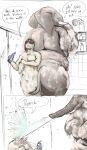  2021 anthro barely_visible_genitalia barely_visible_penis bathing breasts butt comic dialogue digital_media_(artwork) doctordj duo elephant elephantid english_text female genitals greyscale hair hair_over_eyes hi_res human interspecies larger_female male male/female mammal monochrome nipples nude penis proboscidean proboscis_(anatomy) shampoo shower shower_head showering size_difference smaller_male soap speech_bubble spraying_water standing suds text trunk_(anatomy) tusks water wet wet_body wet_skin 