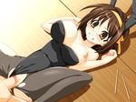  animal_ears blush breasts breasts_out breasts_outside bunny_ears bunny_suit bunnysuit censored clenched_teeth clothed_sex drooling floor large_breasts leotard leotard_aside lying nipples pantyhose sex suzumiya_haruhi suzumiya_haruhi_no_yuuutsu teeth torn_clothes torn_pantyhose vaginal 