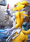  apron ass blue_eyes cooking digimon food furry highres karabiner kitchen naked_apron renamon sweat 