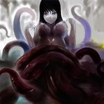 black_hair breasts creepy monster_girl nipples octopus red_eyes tentacle tentacle_girl 