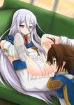  1girl bad_id bad_pixiv_id boots couch felli_loss hetero koukaku_no_regios layfon_alseif long_hair nashizakura_yuuki necktie purple_hair pussy spread_legs 