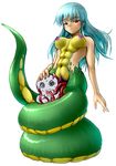  aqua_hair artist_request breasts coiled hand_on_head lamia monster_girl naga nipples pussy red_eyes scales scared 