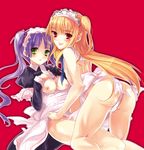  1girl apron ass bad_id bad_pixiv_id blonde_hair blue_hair blush bow breasts green_eyes hairband hetero hisama_kumako long_hair maid maria_holic medium_breasts mole mole_under_mouth naked_apron nipples open_clothes open_shirt otoko_no_ko red_background red_eyes ribbon shidou_mariya shinouji_matsurika shirt twintails 