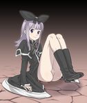  boots coopa druaga_no_tou hair_ribbon legs no_panties no_pussy poporon purple_eyes purple_hair ribbon sitting smile solo 