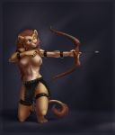  5_fingers anthro areola arrow bow breasts digital_media_(artwork) feline female holding_object holding_weapon lion mammal navel nipples omesore pantherine solo weapon 