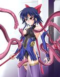  blue_hair blush boots detached_sleeves highres kagano_ai mahou_shoujo_ai polearm red_eyes ribbon short_hair solo spear tentacles thigh_boots thighhighs torn_clothes weapon 